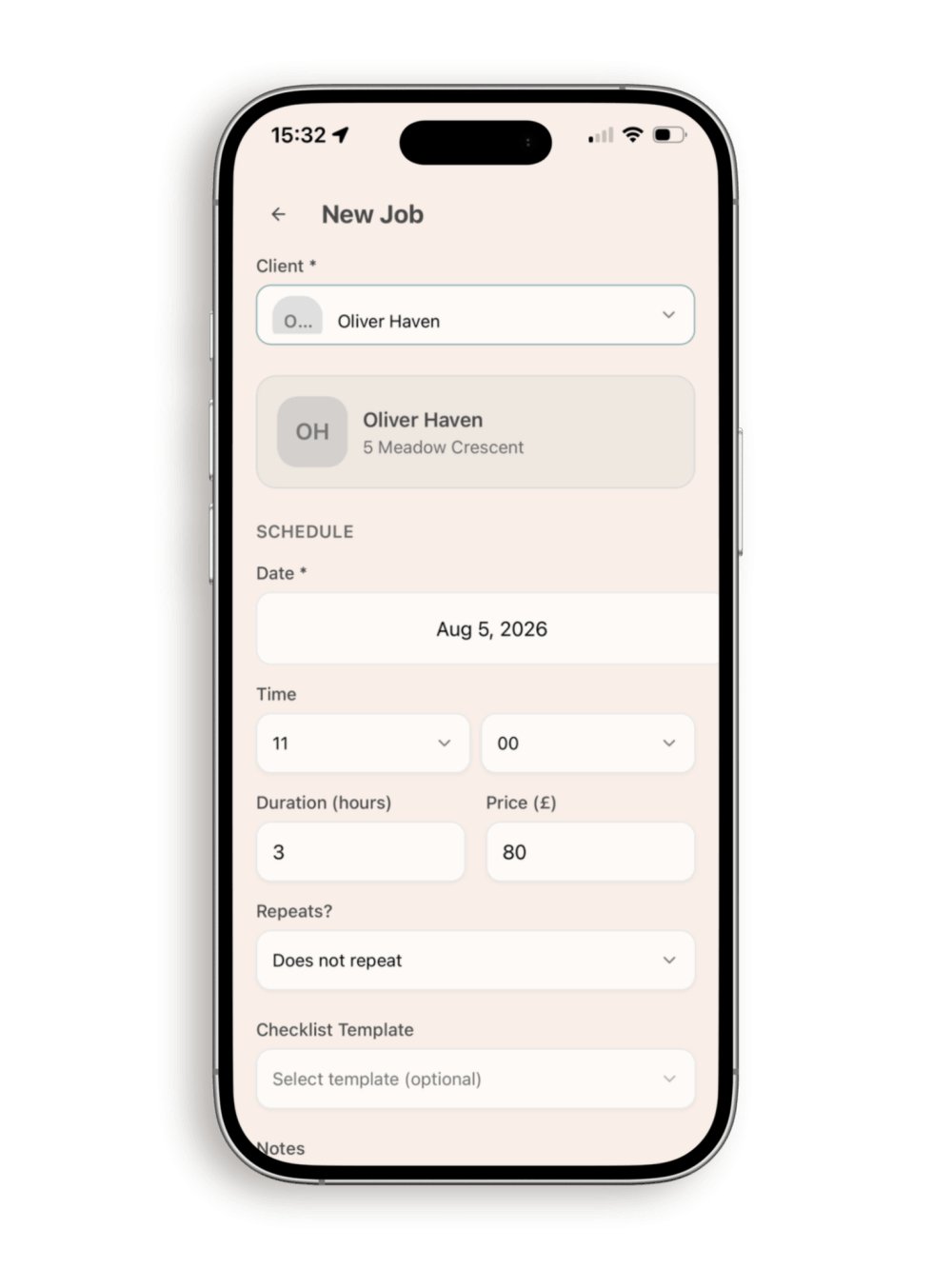 Add new cleaning job screen in the La Casa Clean app with date, time and recurring schedule options.