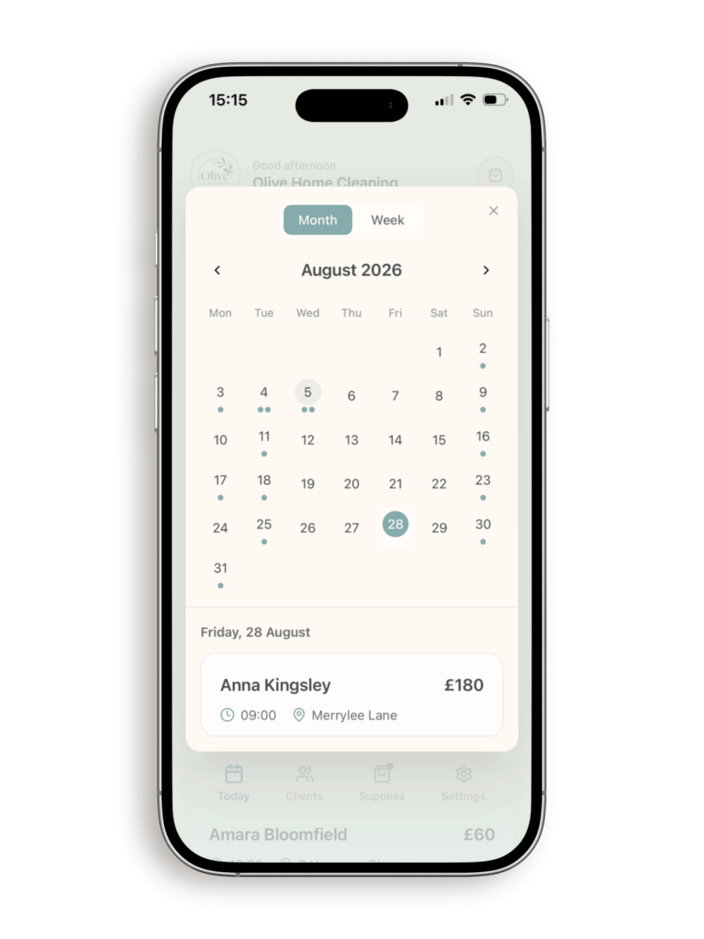 Weekly and monthly cleaning calendar in the La Casa Clean app for organising recurring cleaning jobs.