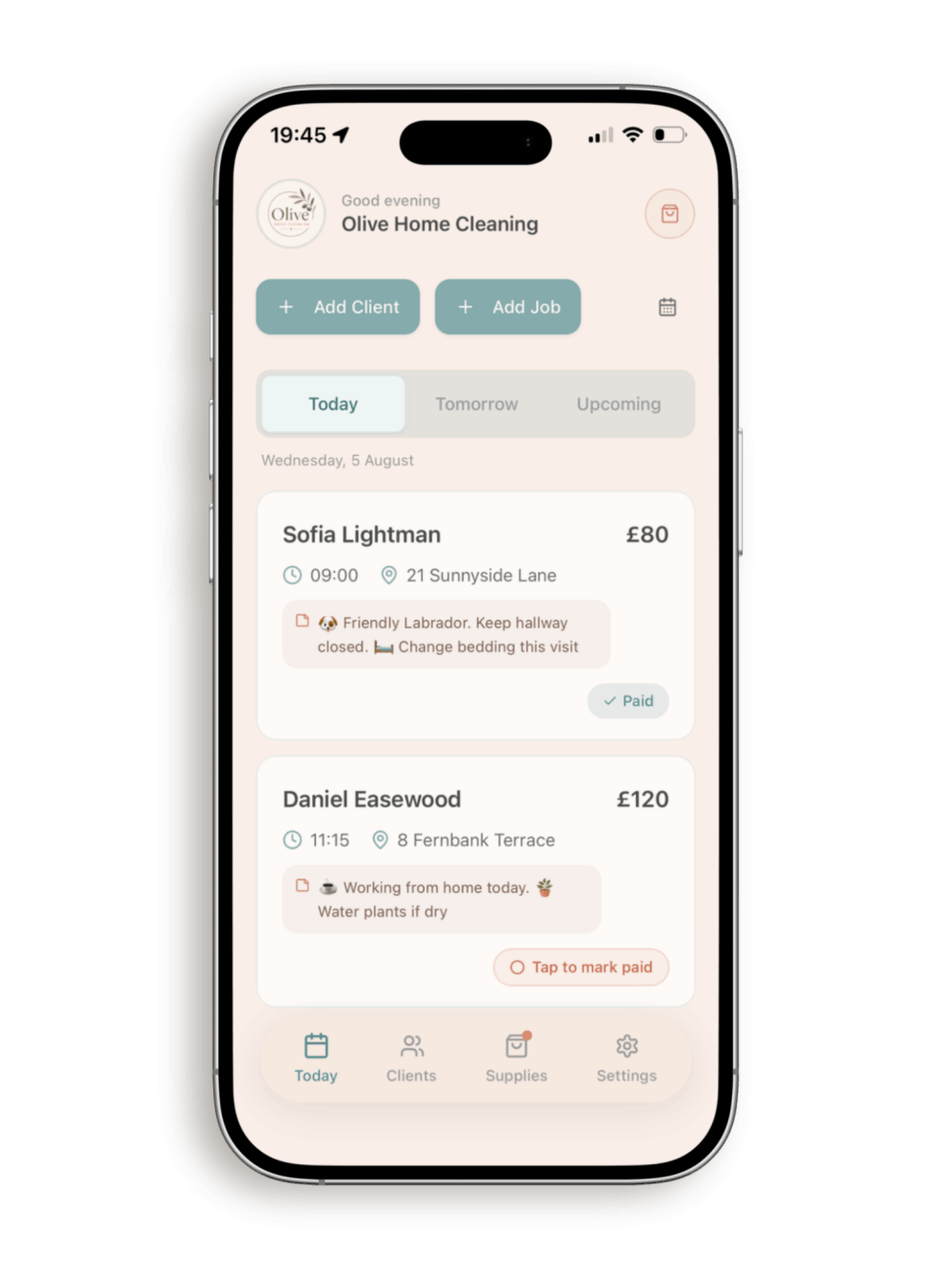 La Casa Clean app helping solo cleaners organise clients, jobs and daily cleaning schedules.